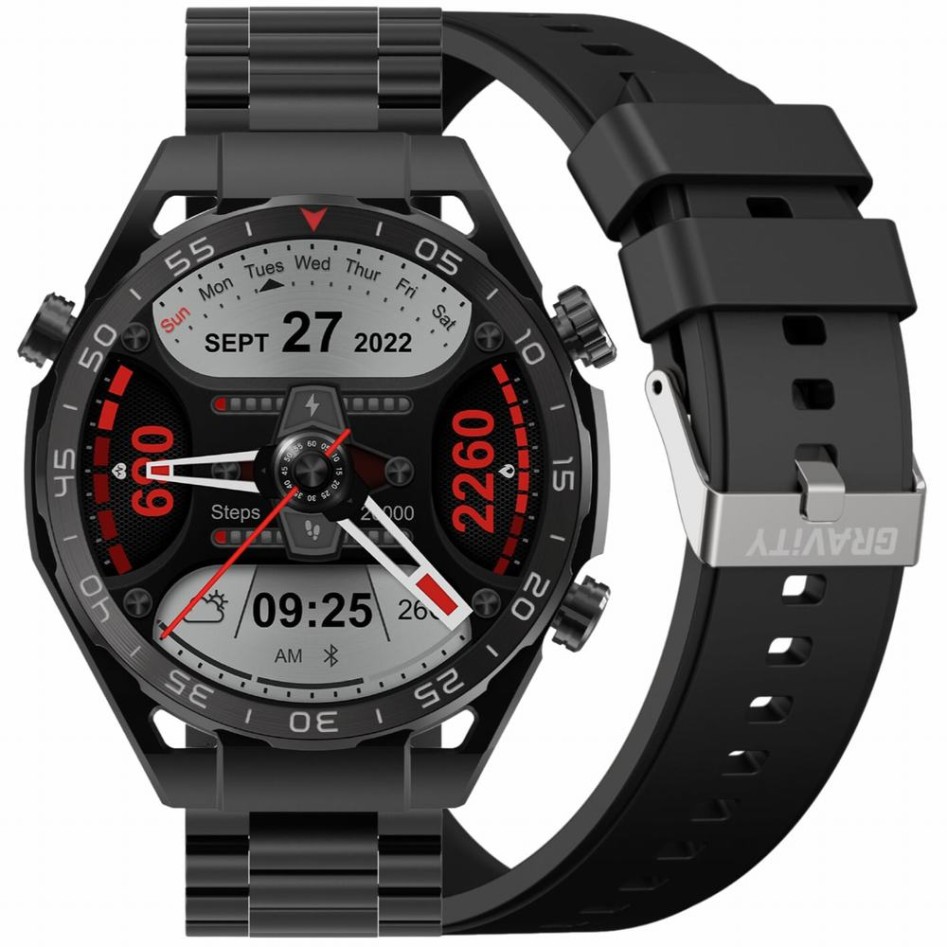 Smartwatch Męski Gravity GT13-1 na bransolecie stalowej w kolorze Czarny/Czarny o szerokości 26mm