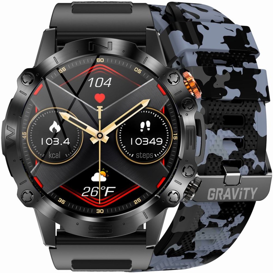 Smartwatch Męski Gravity GT20-5 na pasku gumowym w kolorze Czarny/Czarny Moro o szerokości 22mm