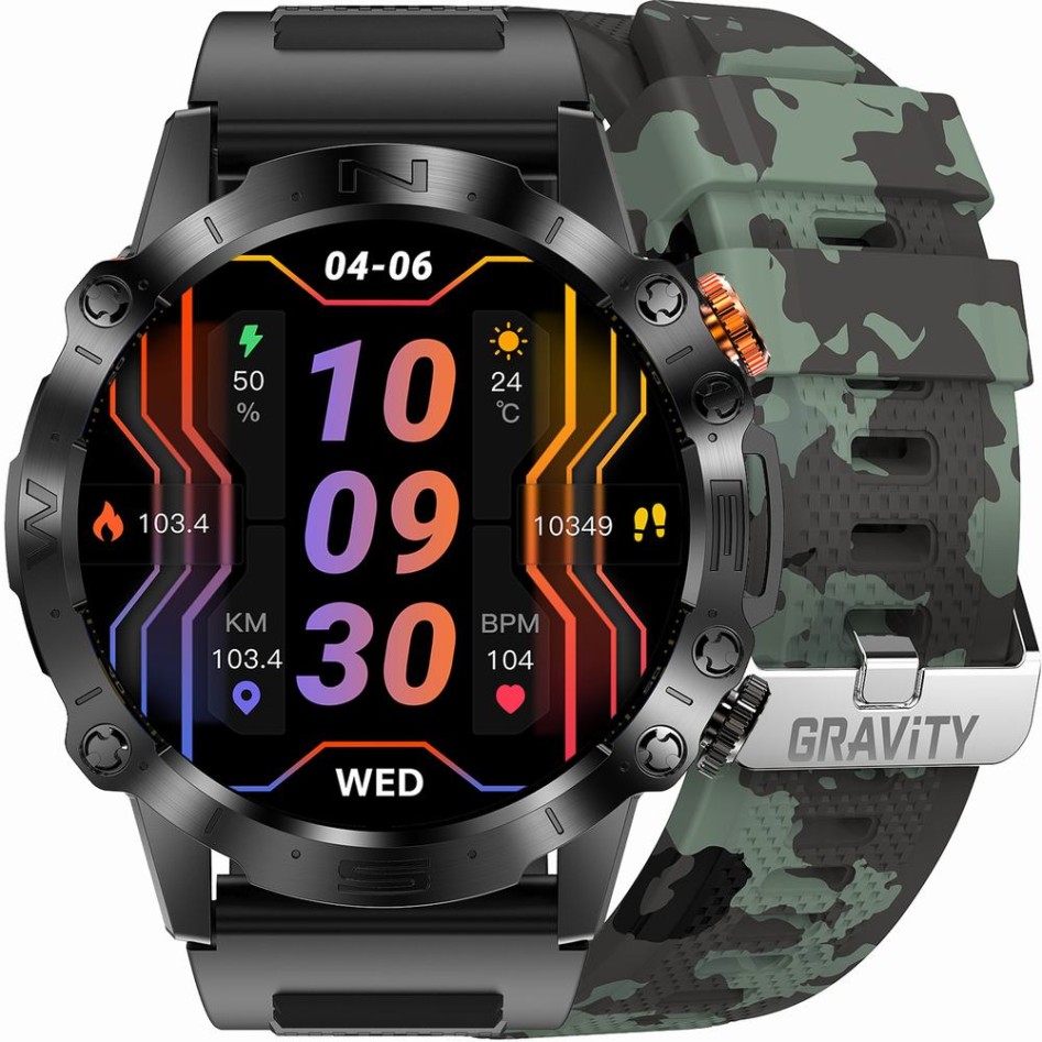 Smartwatch Męski Gravity GT20-6 na pasku gumowym w kolorze Czarny/Zielony Moro o szerokości 22mm