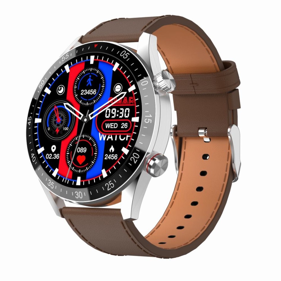 Smartwatch Męski Gravity GT4-7 na pasku skórzanym w kolorze Srebrny/Brązowy o szerokości 22mm