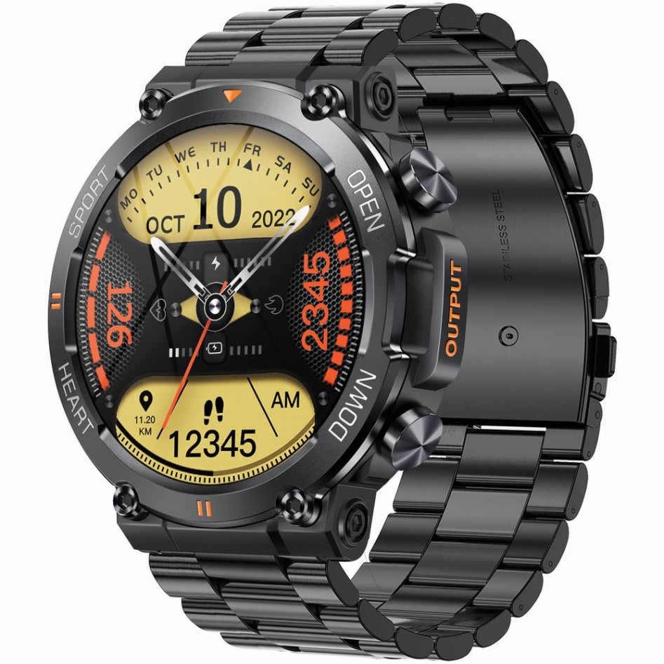 Smartwatch Męski Gravity GT7-2 PRO na bransolecie stalowej w kolorze Czarny/Czarny o szerokości 22mm