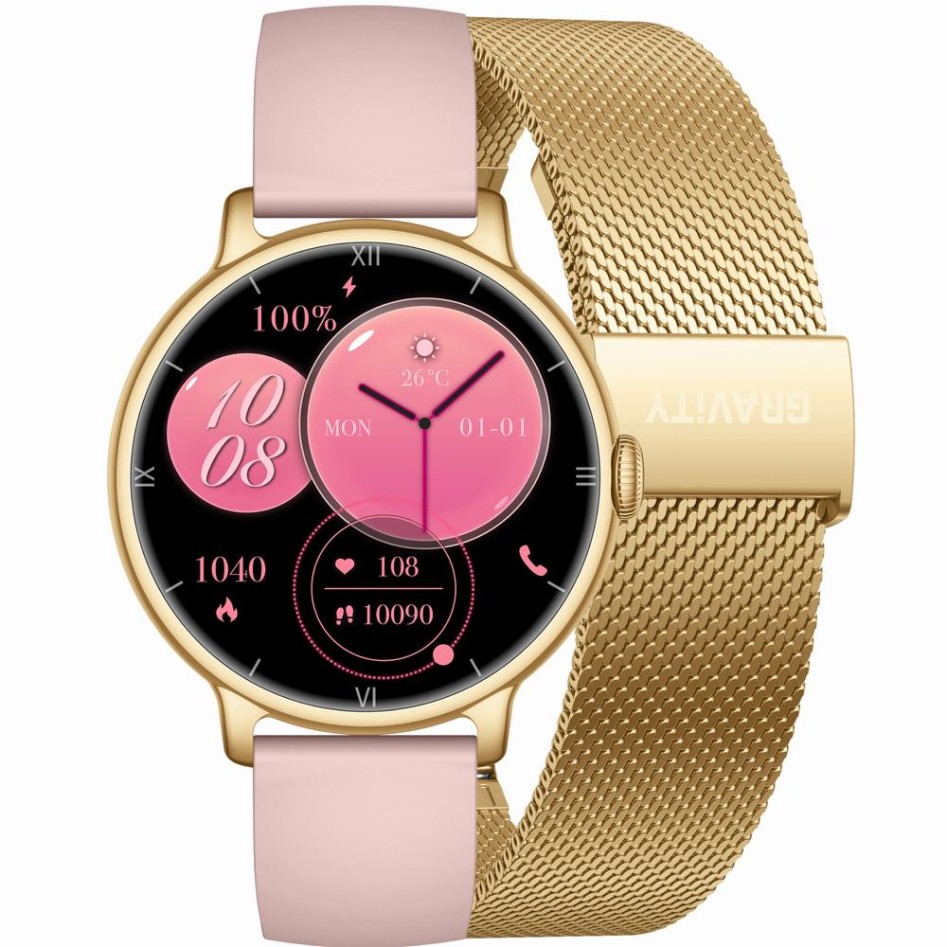 Smartwatch Damski Gravity GT33-2 na pasku skórzanym w kolorze Złoty/Biały o szerokości 18mm
