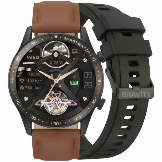 Smartwatch Męski Gravity GT10-4 na pasku skórzanym w kolorze Czarny/Brązowy o szerokości 22mm