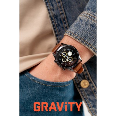 Smartwatch Męski Gravity GT10-4 na pasku skórzanym w kolorze Czarny/Brązowy o szerokości 22mm