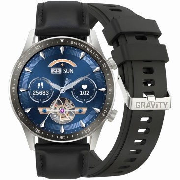 Smartwatch Męski Gravity GT10-7 na pasku skórzanym w kolorze Srebrny/Czarny o szerokości 22mm