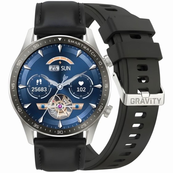 Smartwatch Męski Gravity GT10-7 na pasku skórzanym w kolorze Srebrny/Czarny o szerokości 22mm