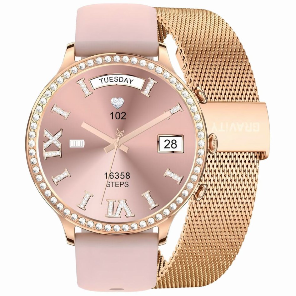 Smartwatch Damski Gravity GT5-5 na bransolecie mesh w kolorze Różowe Złoto/Różowe Złoto o szerokości 18mm