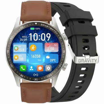 Smartwatch Męski Gravity GT10-8 na pasku skórzanym w kolorze Srebrny/Brązowy o szerokości 22mm