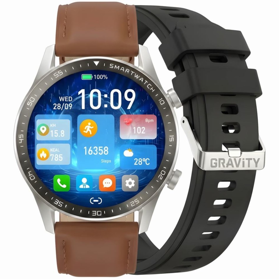 Smartwatch Męski Gravity GT10-8 na pasku skórzanym w kolorze Srebrny/Brązowy o szerokości 22mm