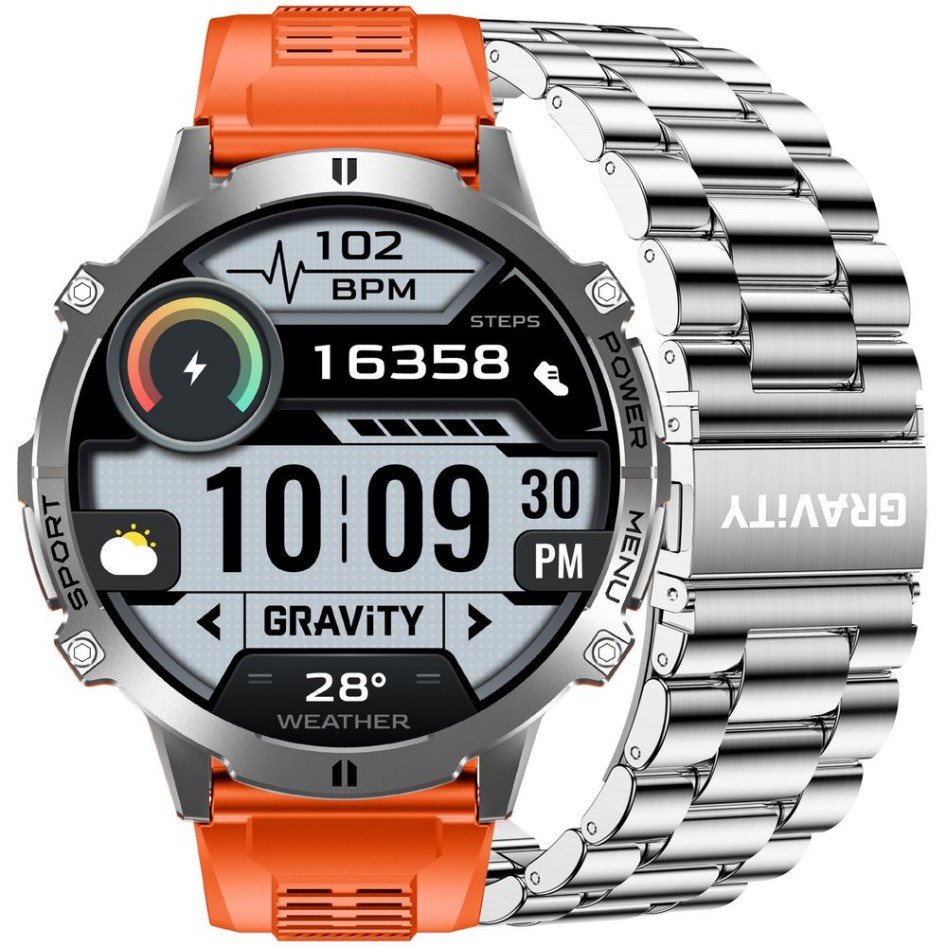 Smartwatch Męski Gravity GT42-4 na pasku gumowym w kolorze Grafitowy/Pomarańczowy o szerokości 22mm
