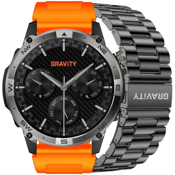Smartwatch Męski Gravity GT46-4 na pasku gumowym w kolorze Czarny/Pomarańczowy o szerokości 22mm
