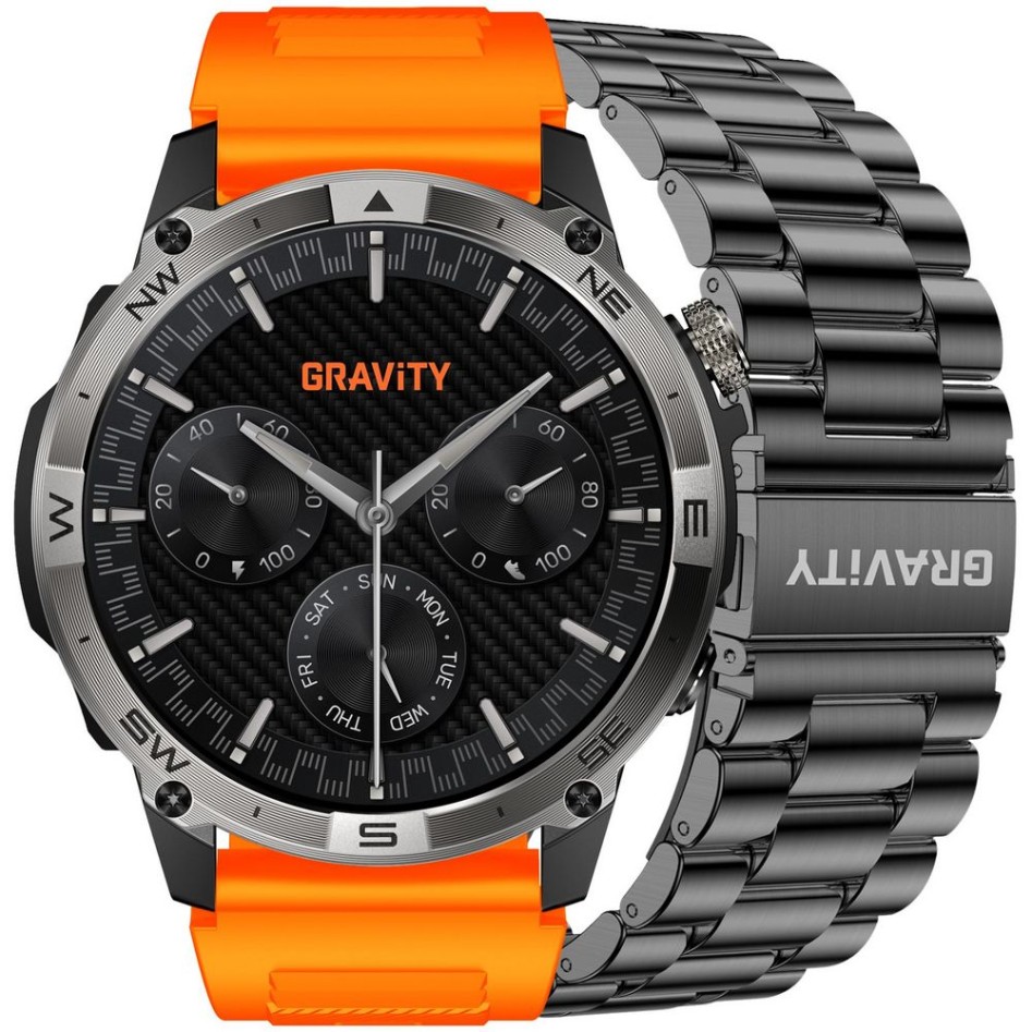 Smartwatch Męski Gravity GT46-4 na pasku gumowym w kolorze Czarny/Pomarańczowy o szerokości 22mm